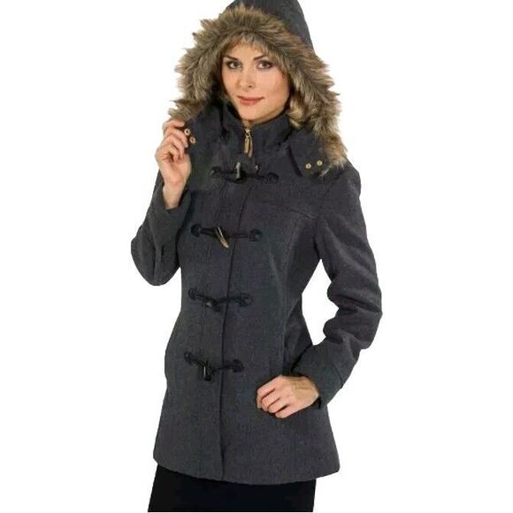 Alpine Swiss Duffy Womens Hooded Parka Fur Trim Wool Coat Toggle Button Jacket S - Picture 3 of 16